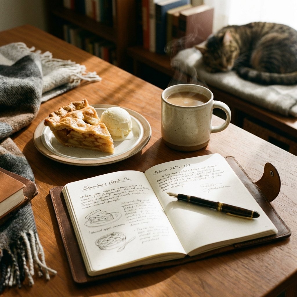 Cozy reading scene with pie