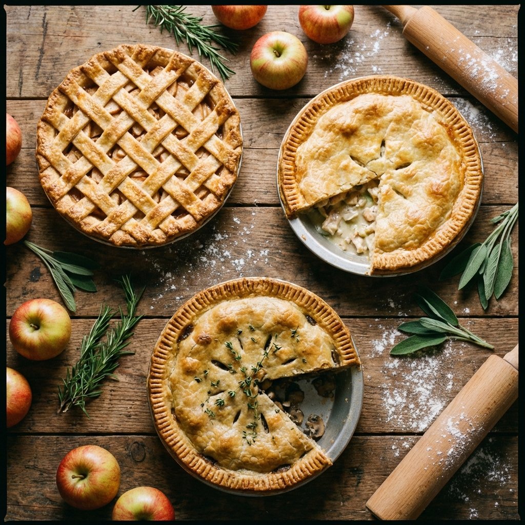 Delicious pies on rustic table